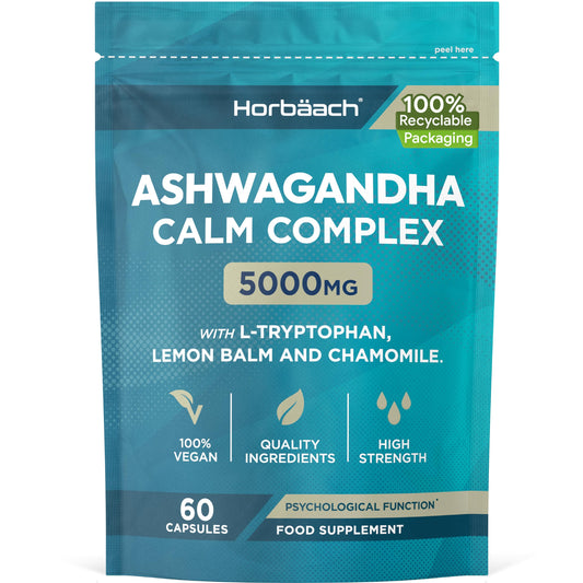 Horbäach Ashwagandha Capsules 5000mg | Calm Complex with High Strength B Vitamins (B1, B2, B3, B6 & B12) and Amino Acids | Formula for Men & Women | 60 Vegan Capsules | by Horbaach