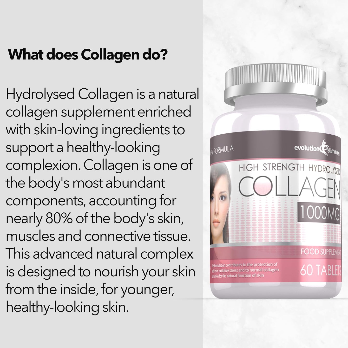 Hydrolysed Collagen High Strength 1,000mg for Hair, Skin & Nails, 60 Tablets, Evolution Slimming