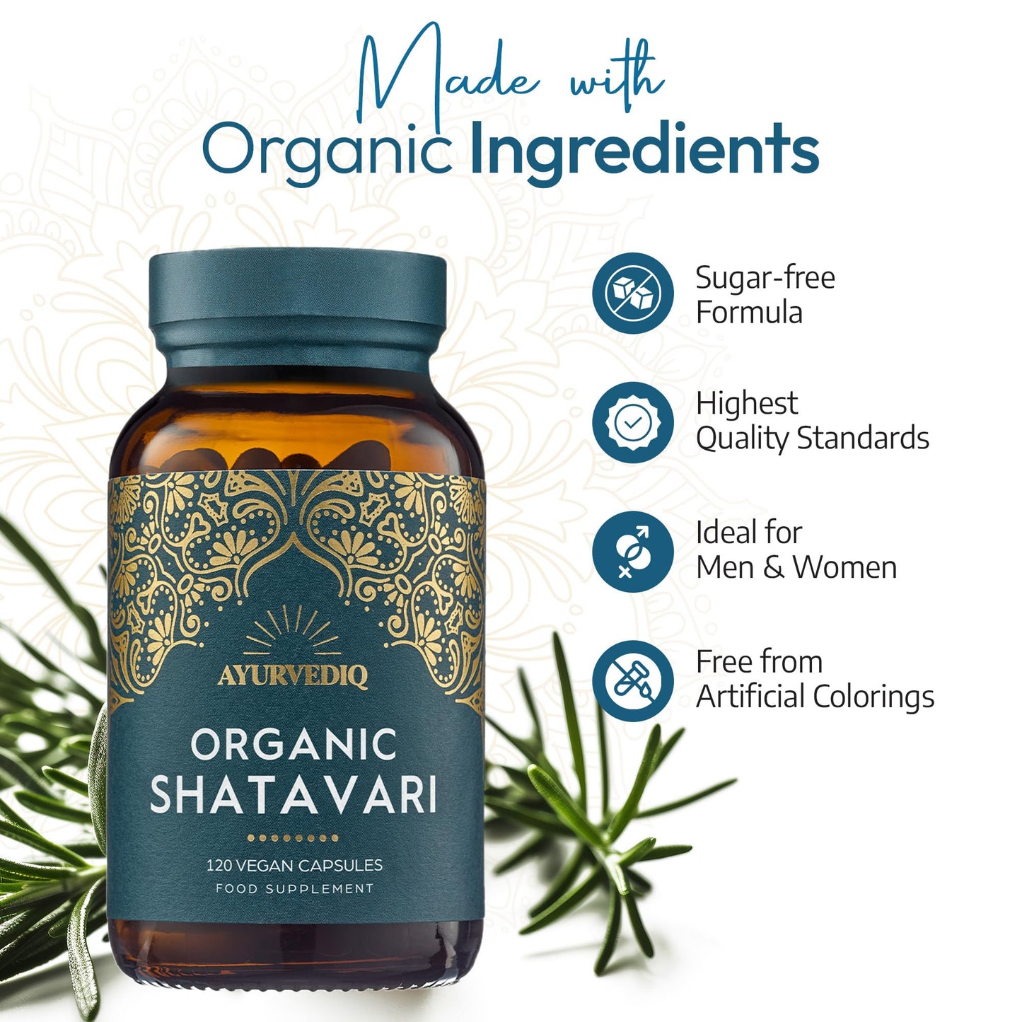AYURVEDIQ WELLNESS Ayurvediq Wellness Organic Shatavari Capsules 120, 500mg – Natural Pure Shatavari Powder for Breast Milk, Hormone Balance for Women – Soil Association Certified - Vegan Ayurveda Products