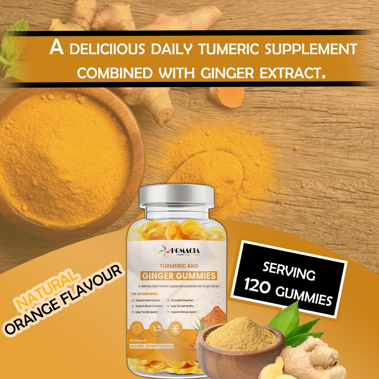 Homacia Turmeric and Ginger Gummies | Natural Orange Flavor | High Strength Ginger and Turmeric Gummies for Adults | Supports Joint and Bone Health | Non-GMO, Vegan Friendly | UK Made | 120 Gummies
