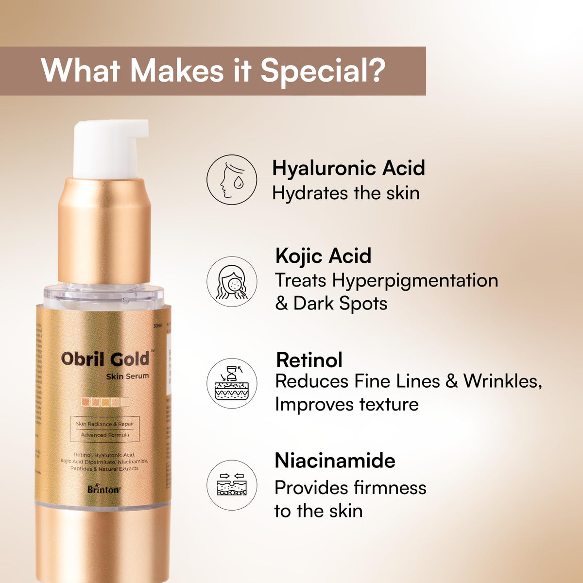 Brinton Obril Gold Skin Serum with Hyaluronic Acid, Retinol and Kojic Acid | Dermatologically Tested | All Skin Types | For Men and Women - 30ml