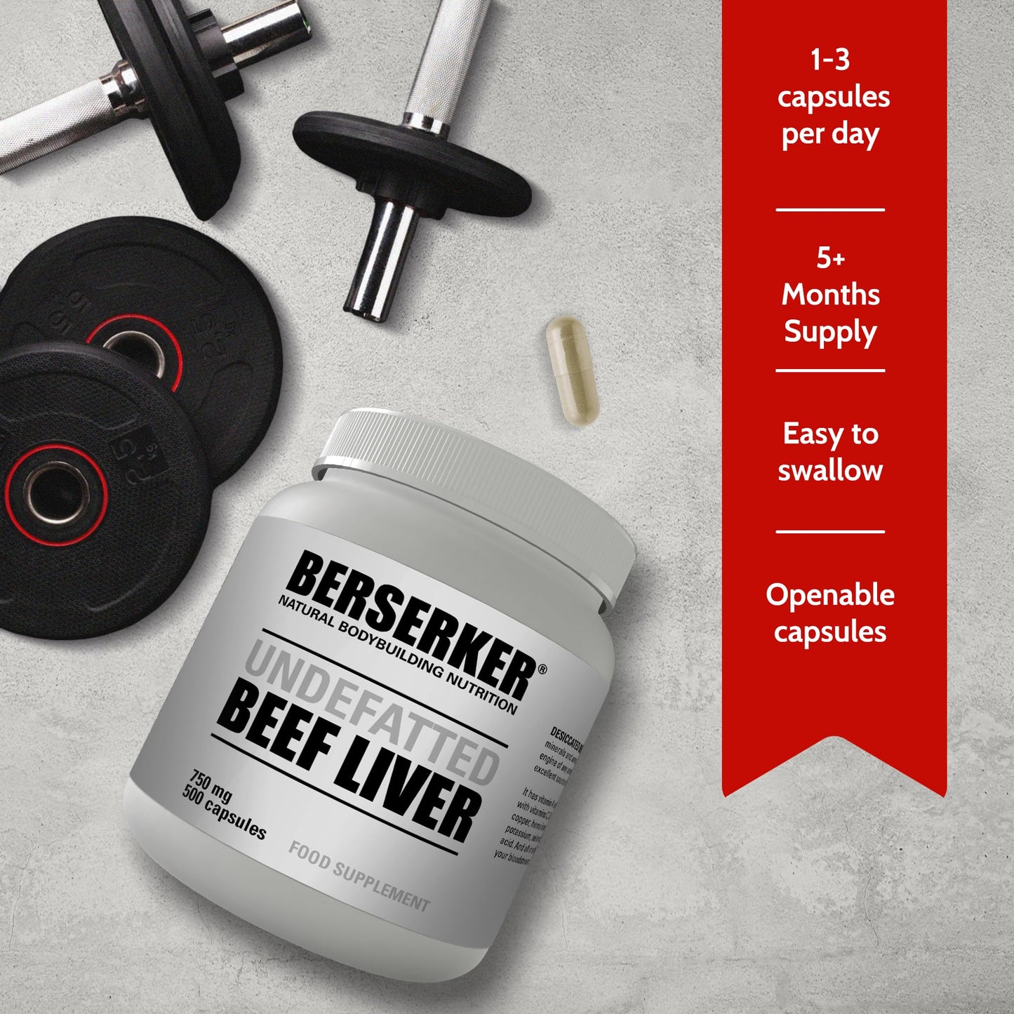 BERSERKER Supplements Berserker Desiccated Beef Liver Supplement 750mg per Capsule 500 Capsules, Un-defatted to Provide Full Absorption of Naturally Occurring Vitamins and Minerals Found in Beef Liver | Made in The UK