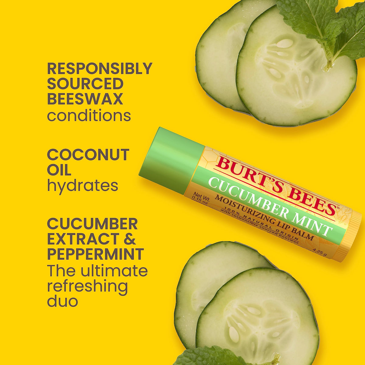 Burt's Bees Moisturising Lip Balm Multipack Set Beeswax, Cucumber Mint, Watermelon, Sweet Mandarin, Freshly Picked, 100% Natural, 4x4.25g