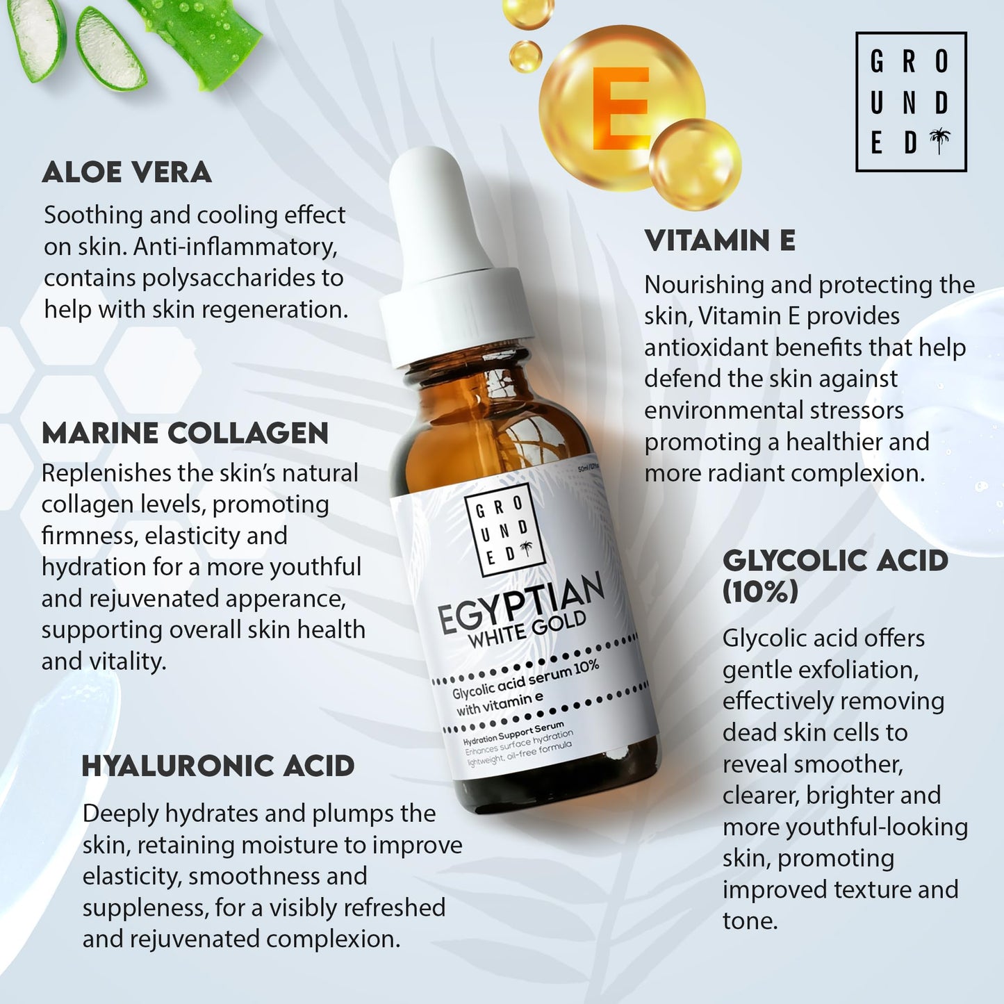 G R O U N D E D COFFEE SCRUB Egyptian White Gold Glycolic Acid Serum with Vitamin E, Anti-Aging Face Serum, Made in the UK by Grounded Body