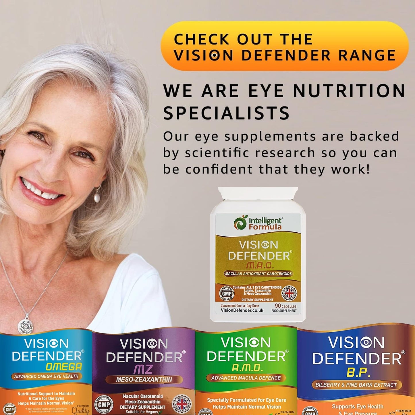 Intelligent Formula Vision Defender MAC Eye Vitamins Supplement – Triple Carotenoids: Lutein 10mg, Zeaxanthin 2mg & Meso-Zeaxanthin 10mg – Vision & Eye Health Support, Blue Light Help – 90 Capsules – Made in The UK