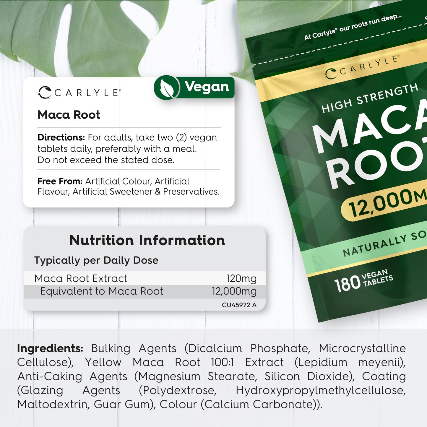 Maca Root Tablets 12,000mg | Naturally Sourced & High Strength Maca Root Extract | 180 Vegan Tablets | Supplement for Men & Women | by Carlyle