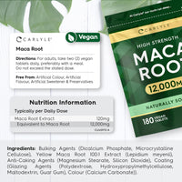 Maca Root Tablets 12,000mg | Naturally Sourced & High Strength Maca Root Extract | 180 Vegan Tablets | Supplement for Men & Women | by Carlyle