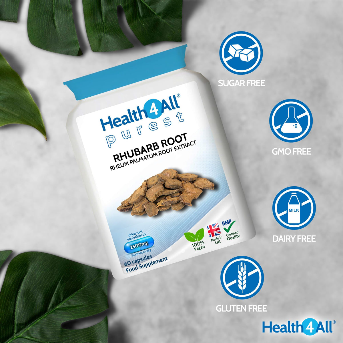 Health4All Rhubarb Root 2500mg 60 Capsules, Natural Laxative Supplement, Reduce Bloating | Digestive Support Vegan Capsules, 2 Months Supply | Made in UK