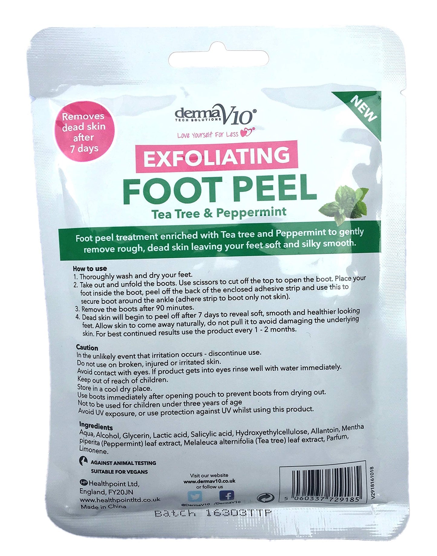 Derma V10 Exfoliating Foot Peel Tea Tree & Peppermint Removes Dead Skin After 7 Days