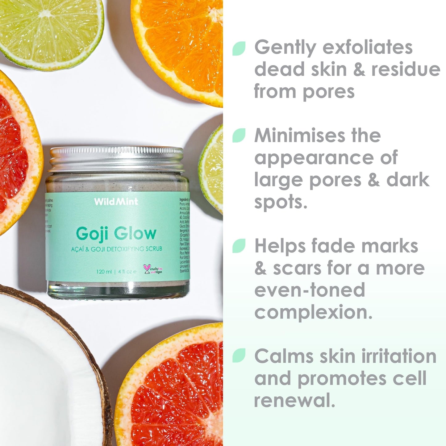 WildMint Goji Glow Natural Scrub | Detoxifying Açaí & Goji Body & Face Exfoliator for Dry Skin | Removes Dead Skin | Helps With Acne, Large Pores & Hyperpigmentation | UK Vegan & Cruelty-Free 120ml