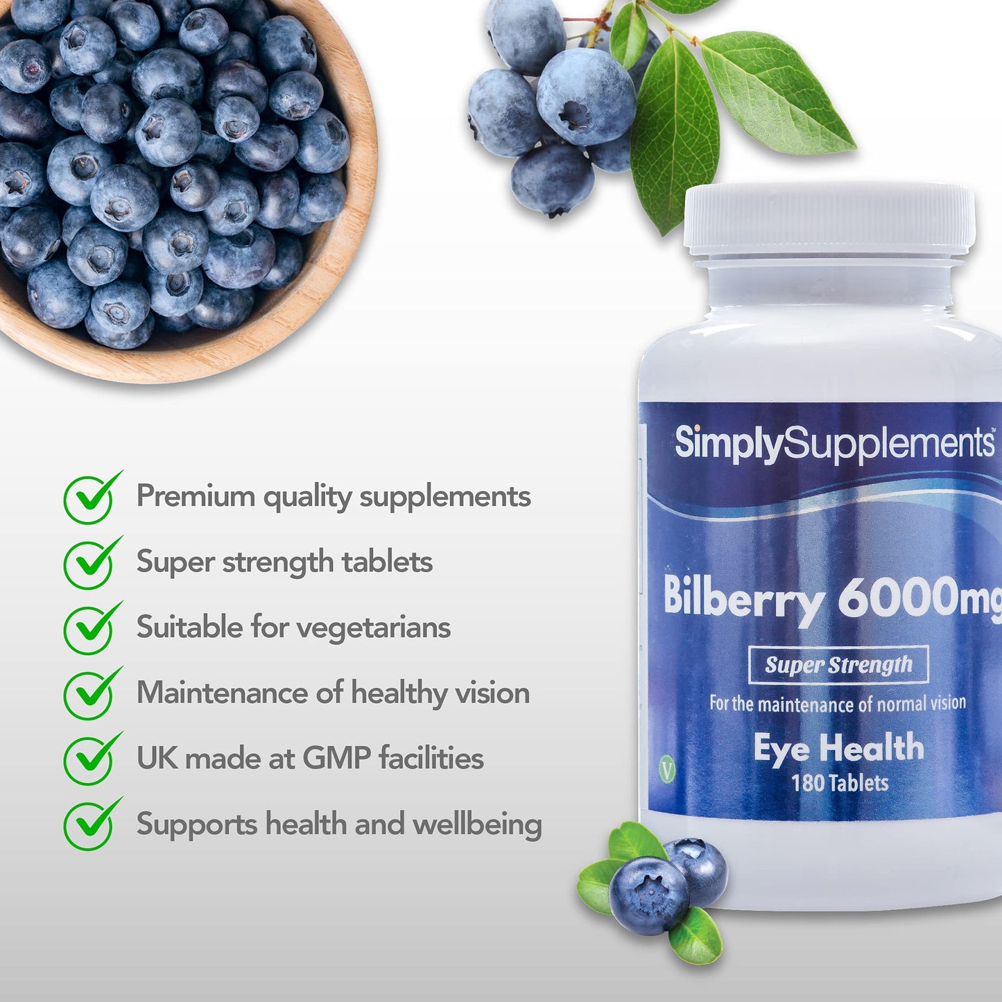 Bilberry Extract Tablets | Potent 6000mg Formulation | 180 Tablets = Up to 3 Month Supply | Vegan & Vegetarian Friendly | Added Vitamin B2 to Support Healthy Sight & Vision | Manufactured in The UK