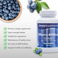 Bilberry Extract Tablets | Potent 6000mg Formulation | 180 Tablets = Up to 3 Month Supply | Vegan & Vegetarian Friendly | Added Vitamin B2 to Support Healthy Sight & Vision | Manufactured in The UK