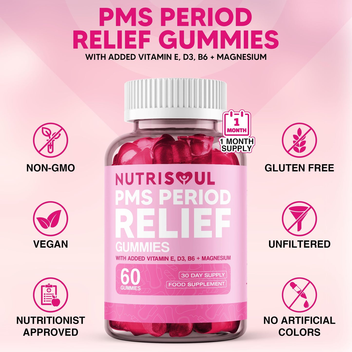 nutrisoul PMS Period Relief Gummies | Supplement for Women | 2000mg Magnesium with Vitamins B6, E, D3 | 60 Non-GMO, Cold Pressed, Vegan, Gluten Free Capsules with Chasteberry Extract | Natural Ingredients