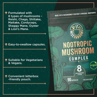 Mushroom Complex 8 Capsules | Nootropic Complex with Lions Mane, Reishi, Chaga, Cordyceps, and More | High Strength Nootropic Brain Supplement | from Fruit Bodies | 90 Vegan Capsules | by Wiseshrooms