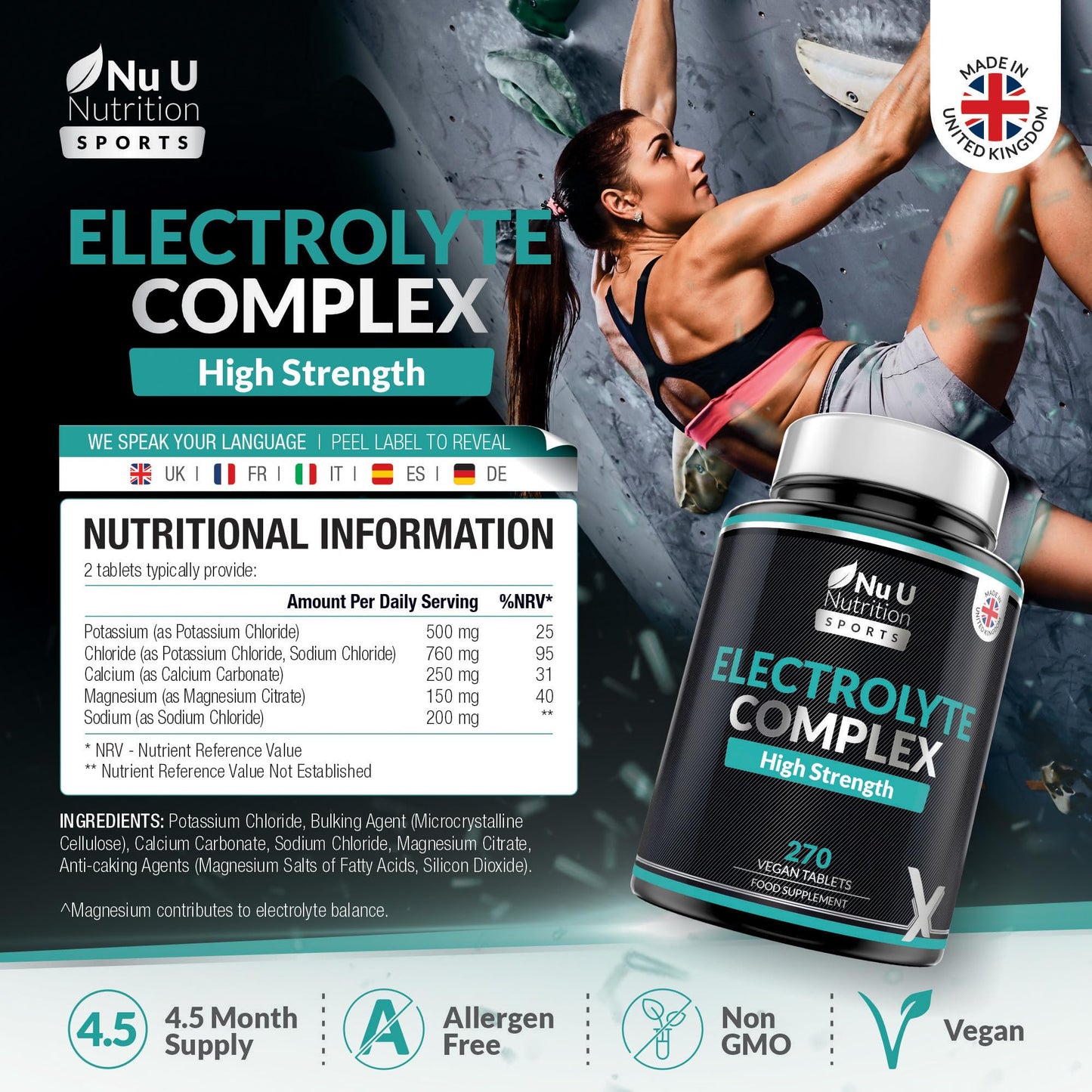 Nu U Nutrition - Electrolytes Complex - 270 Vegan Unflavoured Tablets with Sodium, Potassium, Magnesium & Calcium Phosphate - Suitable for Carnivore & Paleo Diet - Made in the UK