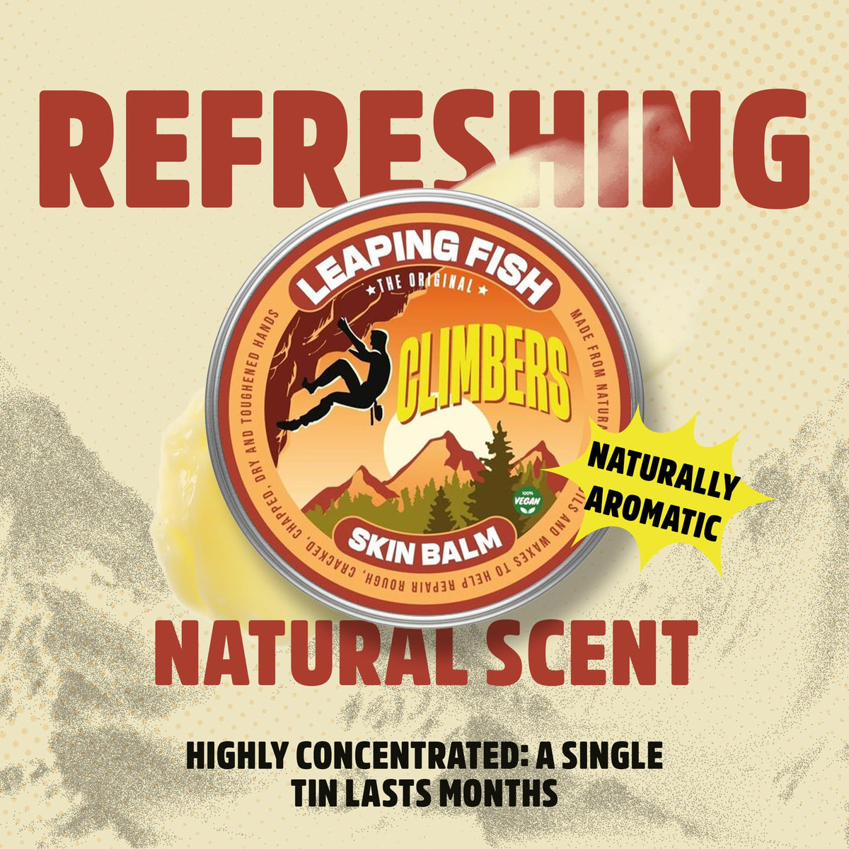 LEAPING FISH Climber's Skin Balm - Natural Vegan - Essential Oil Recovery Salve - Hand Moisturiser for Cracked Skin - Eco-Friendly Non-Greasy Formula - Unscented 60g Tin