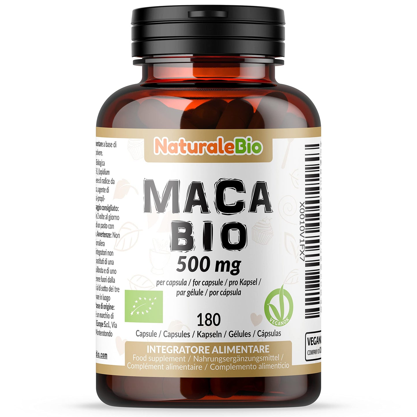 Organic Maca Capsules, 500mg - 180 Capsules. Gelatinised, Natural and Pure, from Organic Peruvian Maca Root. Vegetarian and Vegan Friendly. NaturaleBio