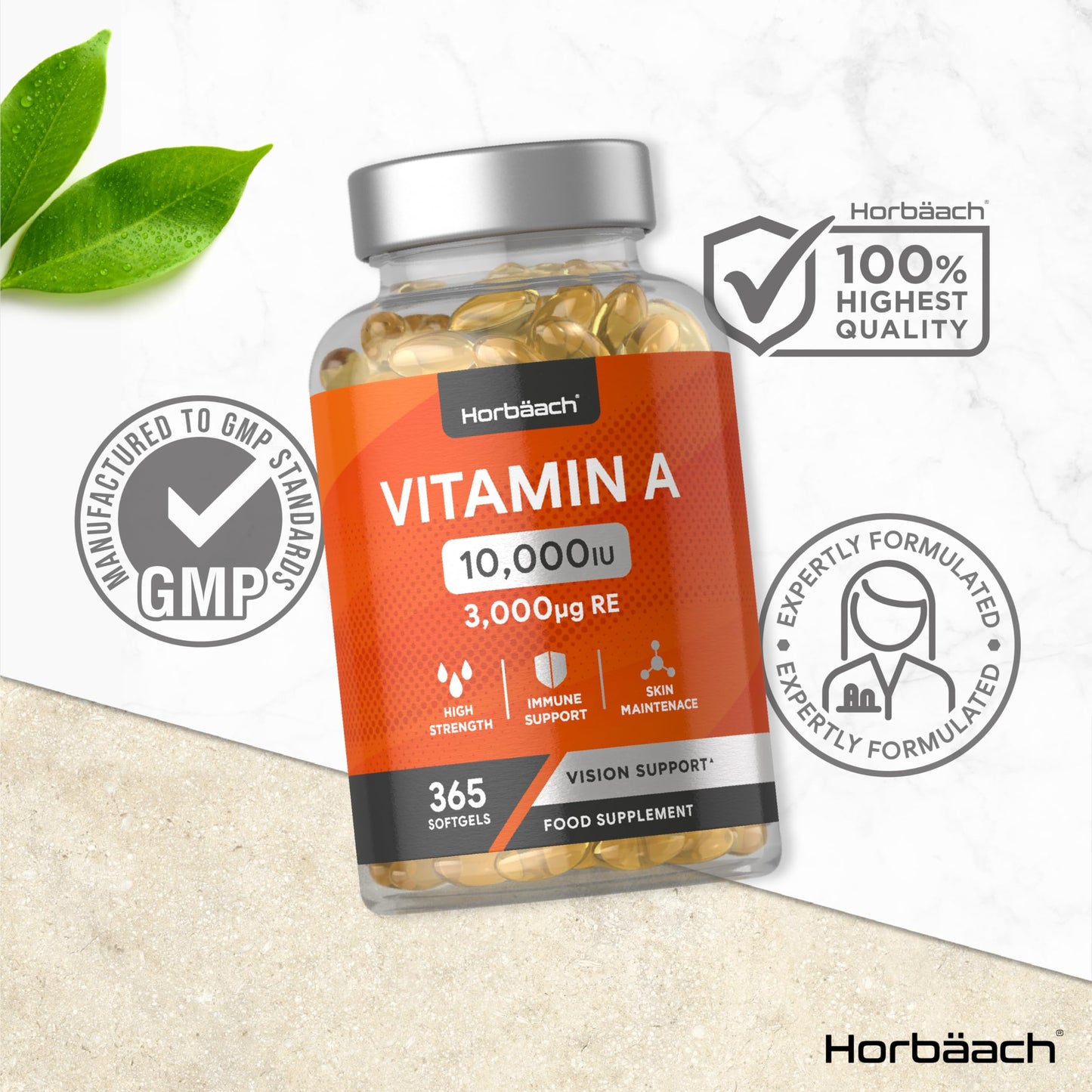 Vitamin A Capsules 10,000iu | 365 Count | High Strength Immune, Skin and Vision Support Supplement | by Horbaach