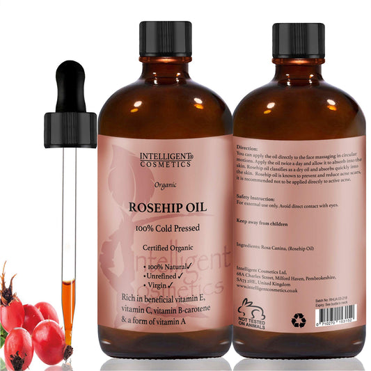 intelligent cosmetics 50ML Rosehip Oil 100% Cold Pressed Pure Certified Organic Oil, Best Known Facial Oil with Vitamin E, Vitamin C, B-carotene and a Form of Vitamin A
