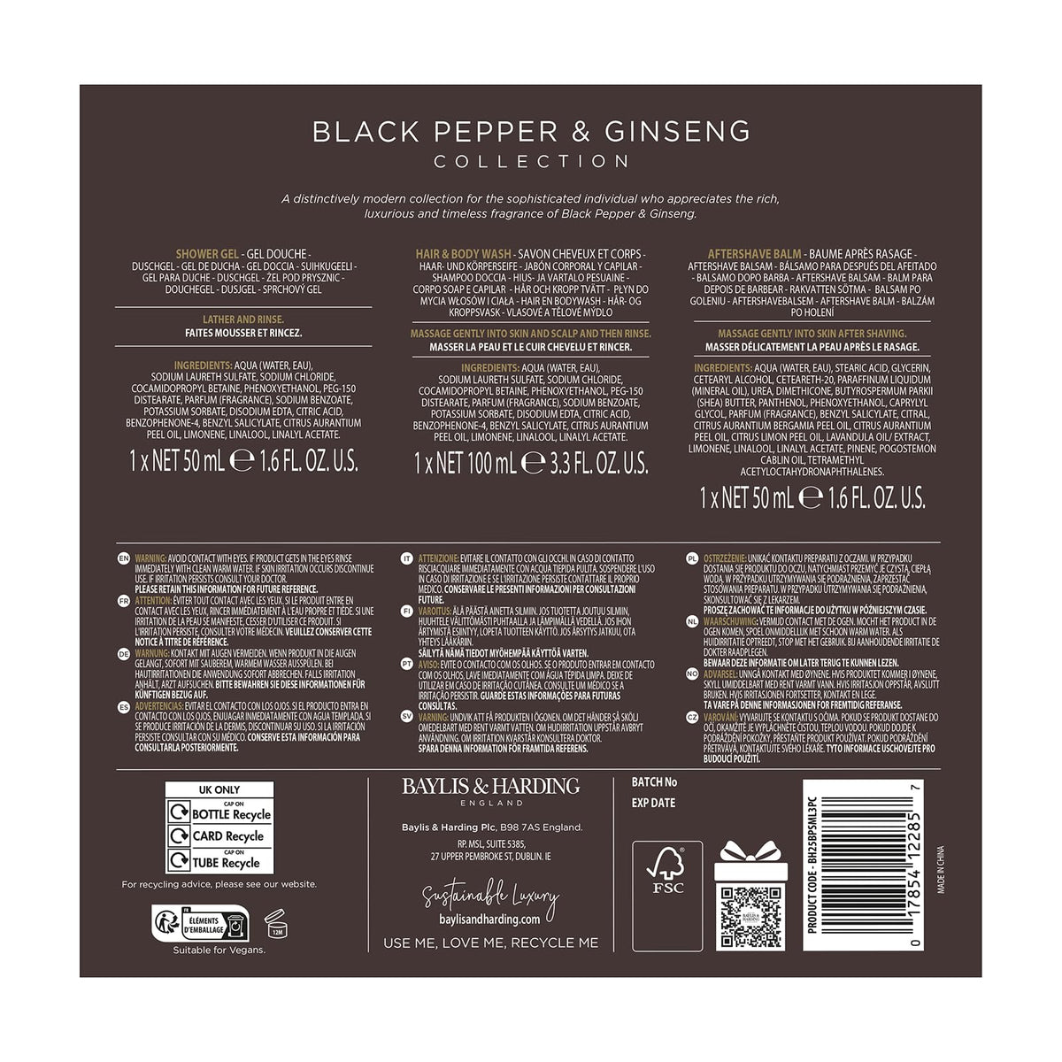 Baylis & Harding Black Pepper & Ginseng Men's Luxury Mini Trio Gift Set - Vegan Friendly