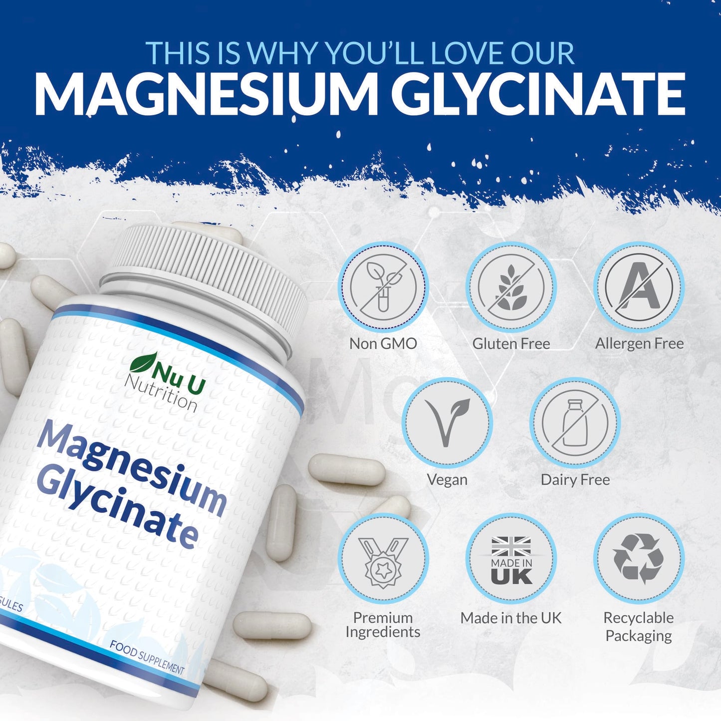 Magnesium Glycinate Supplements 1000mg (Bisglycinate) - 180 High Strength Vegan Capsules - 3 Month Supply - Providing 200mg of Elemental Magnesium - Nu U Nutrition