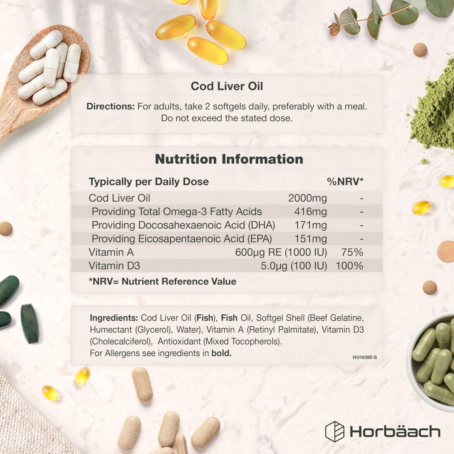 Horbäach Cod Liver Oil Capsules High Strength | 2000mg | 360 Softgel Pills | Rich in Omega 3, Vitamins A & D | Supplement with 171mg of DHA and 151mg of EPA | by Horbaach