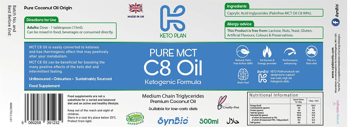 SynBio Keto Plan - Pure MCT C8 Oil [Palm Oil Free] | 99% Pure C8 | Vegan | Halal | Gluten Free | Supports Keto Nutrition & Fasting | Sustainably Sourced Coconut (500ml)