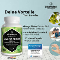 Vitamaze - amazing life Ginkgo Biloba Capsules 6000mg with Acai, L-Carnitine and Vitamin E - 100 Days Supply - Memory and Energy Booster - Gingko Biloba Extract 50:1 - Supplement Without Additives