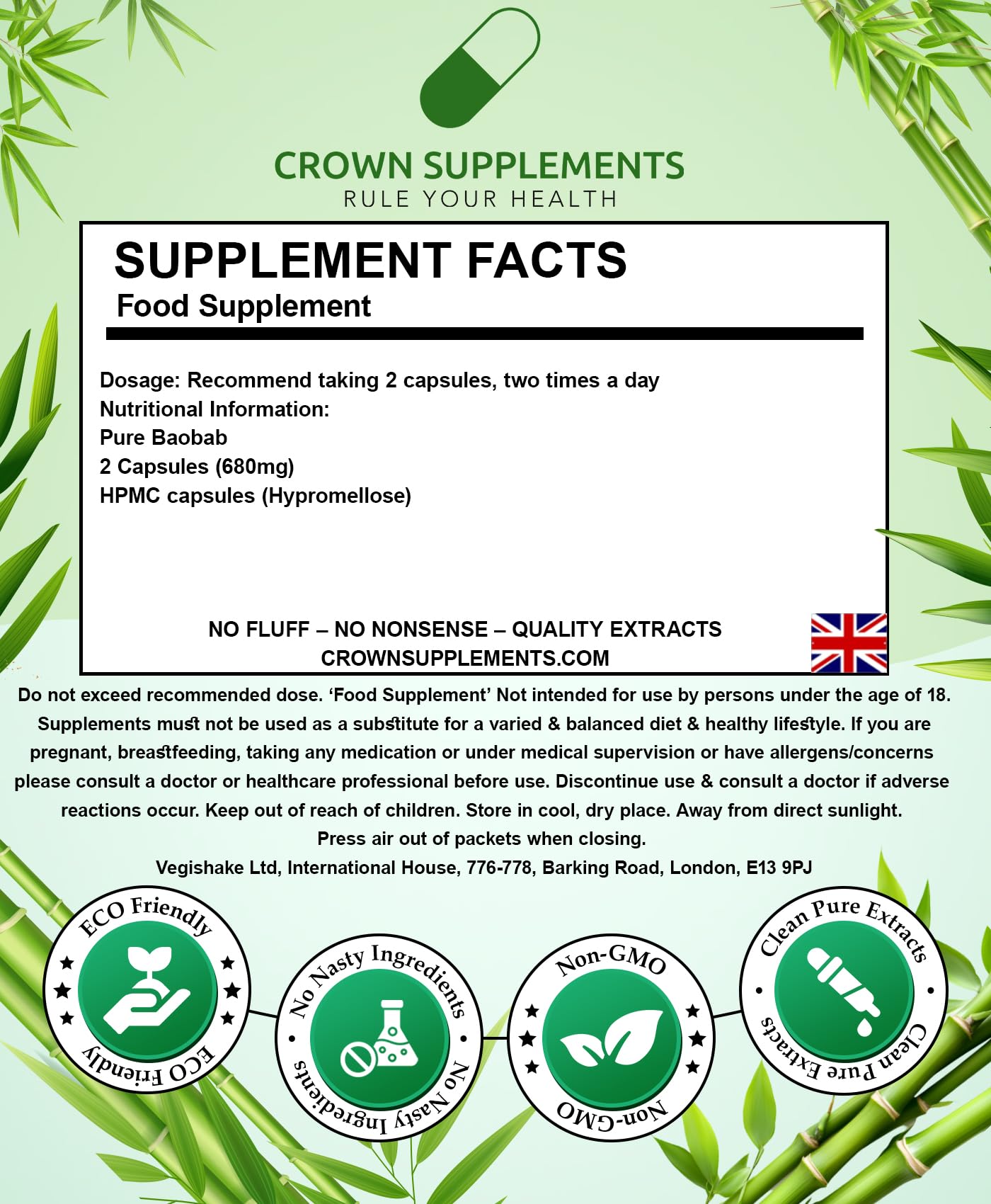 vegishake Pure Baobab Capsules | Clean Extract | Crown Supplements UK Vitamin C (90 Capsules)