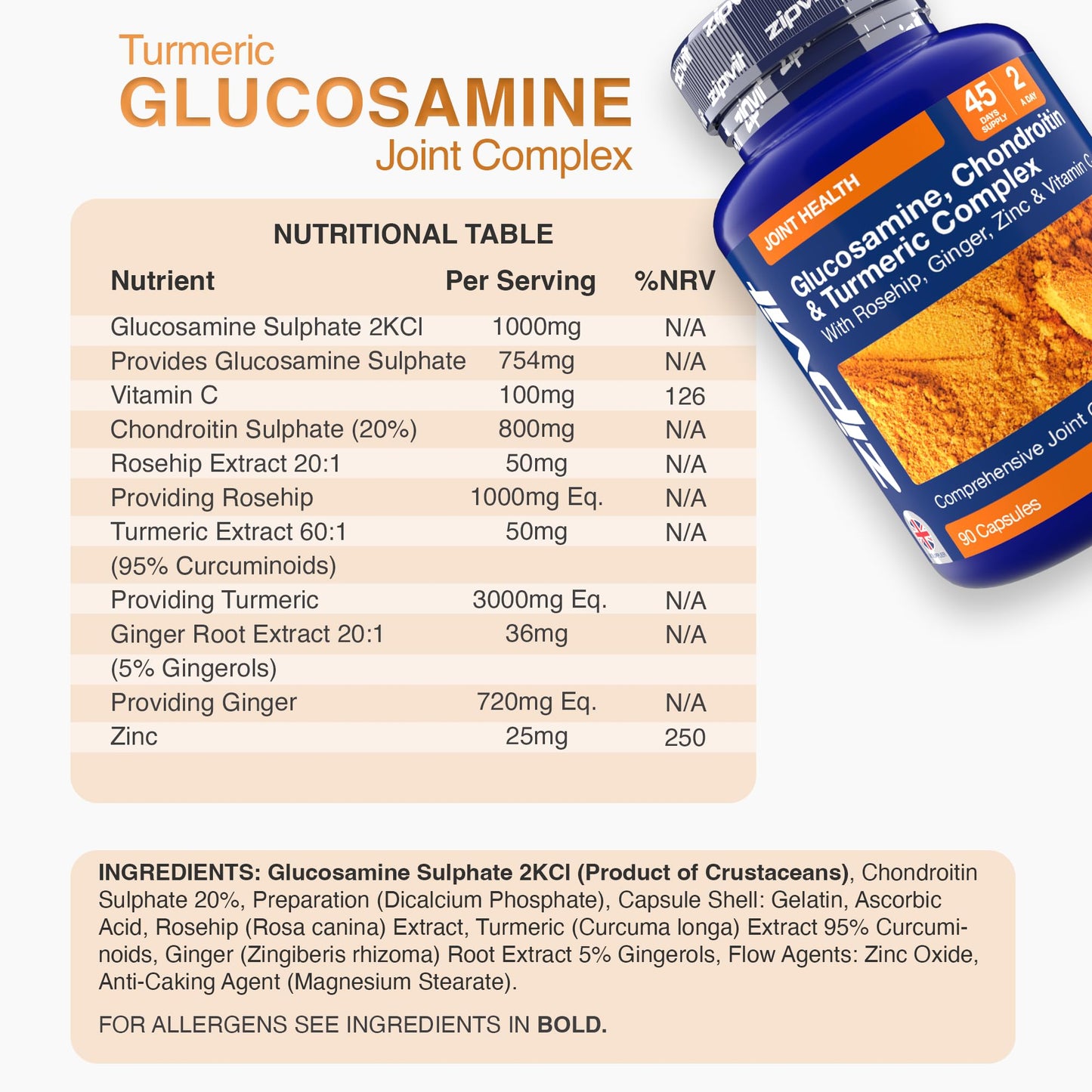 Zipvit Glucosamine and Chondroitin High Strength Turmeric Supplement with Vitamin C, Rosehip, Ginger & Zinc, 90 Capsules