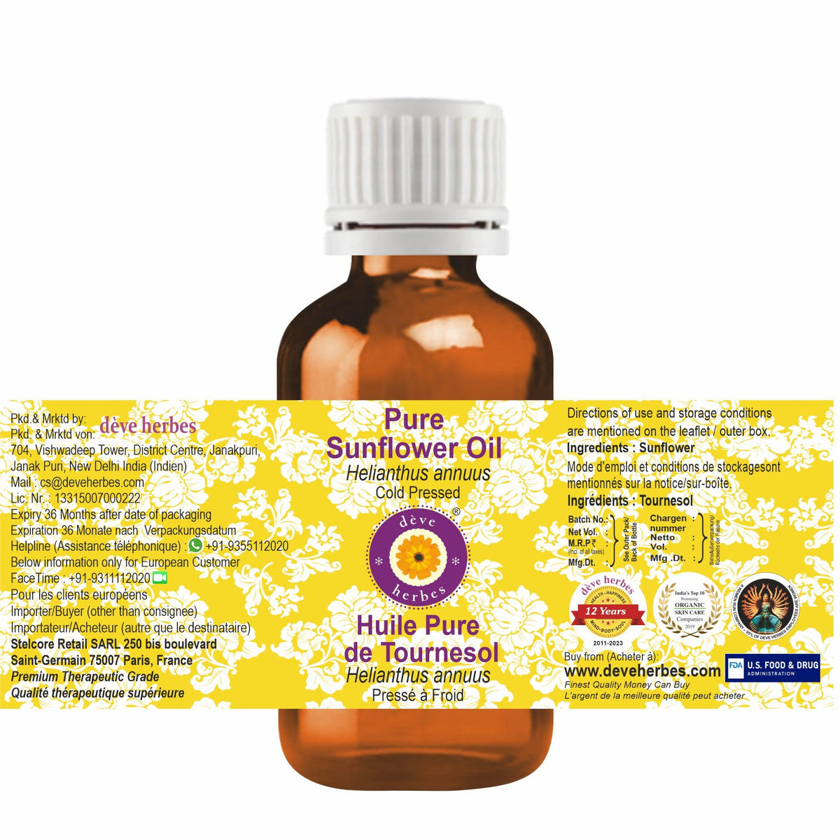 Deve Herbes Pure Sunflower Oil (Helianthus annuus) Cold Pressed 50ml (1.69 oz)