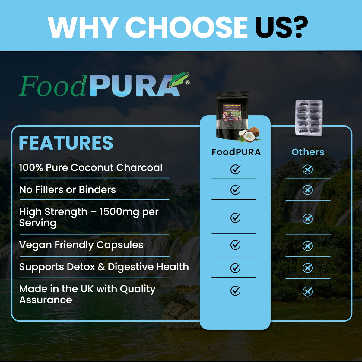 FoodPURA 100% Natural 365 High Strength Coconut Activated Charcoal Capsules not Tablets 1500mg Digestive Support Reduces Bloating & Flatulence After Eating Vegan(365)