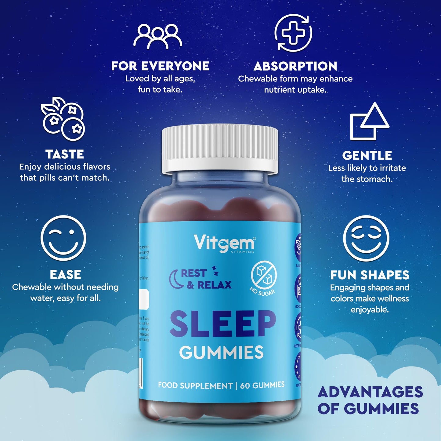 Vitgem Sleep Gummies - 60 Extra Strong Natural Sleep Aid for Adults with Ashwagandha and Magnesium – Sugar Free Blueberry Flavored Vegan Gummies for Relaxation, Restful Sleep and Sound Asleep