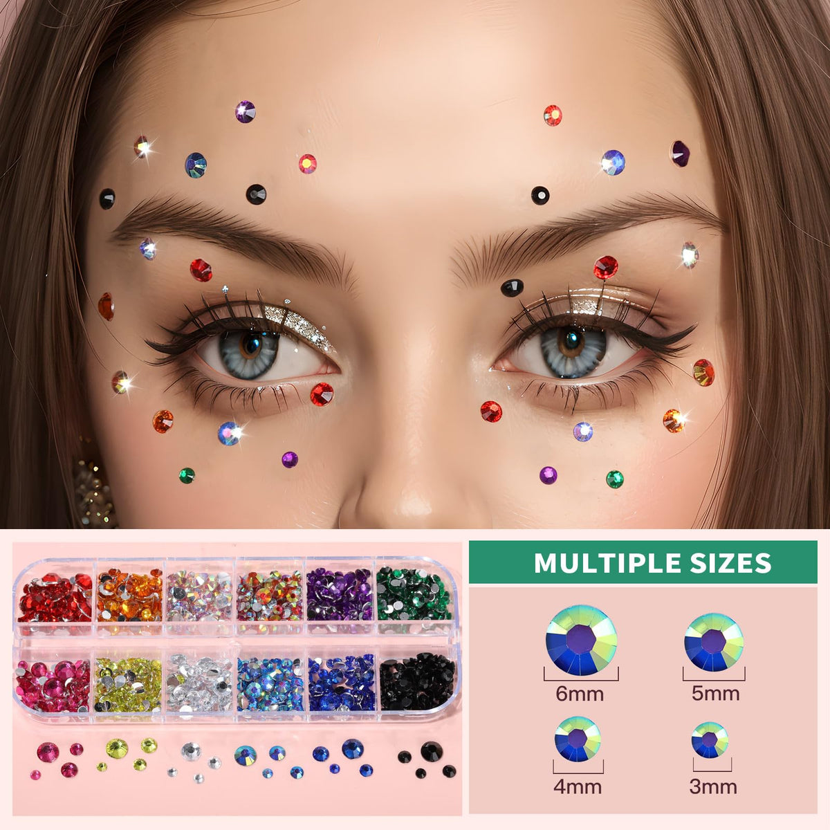 Teenitor Body Glitter with Skin Glue Set, 4 Bottle Face Glitter Makeup & 2 Box Face Gems for Women, Iridescent White Body Glitter Face Glue for Rhinestones for Makeup, Nail Gems with Wax Pencil