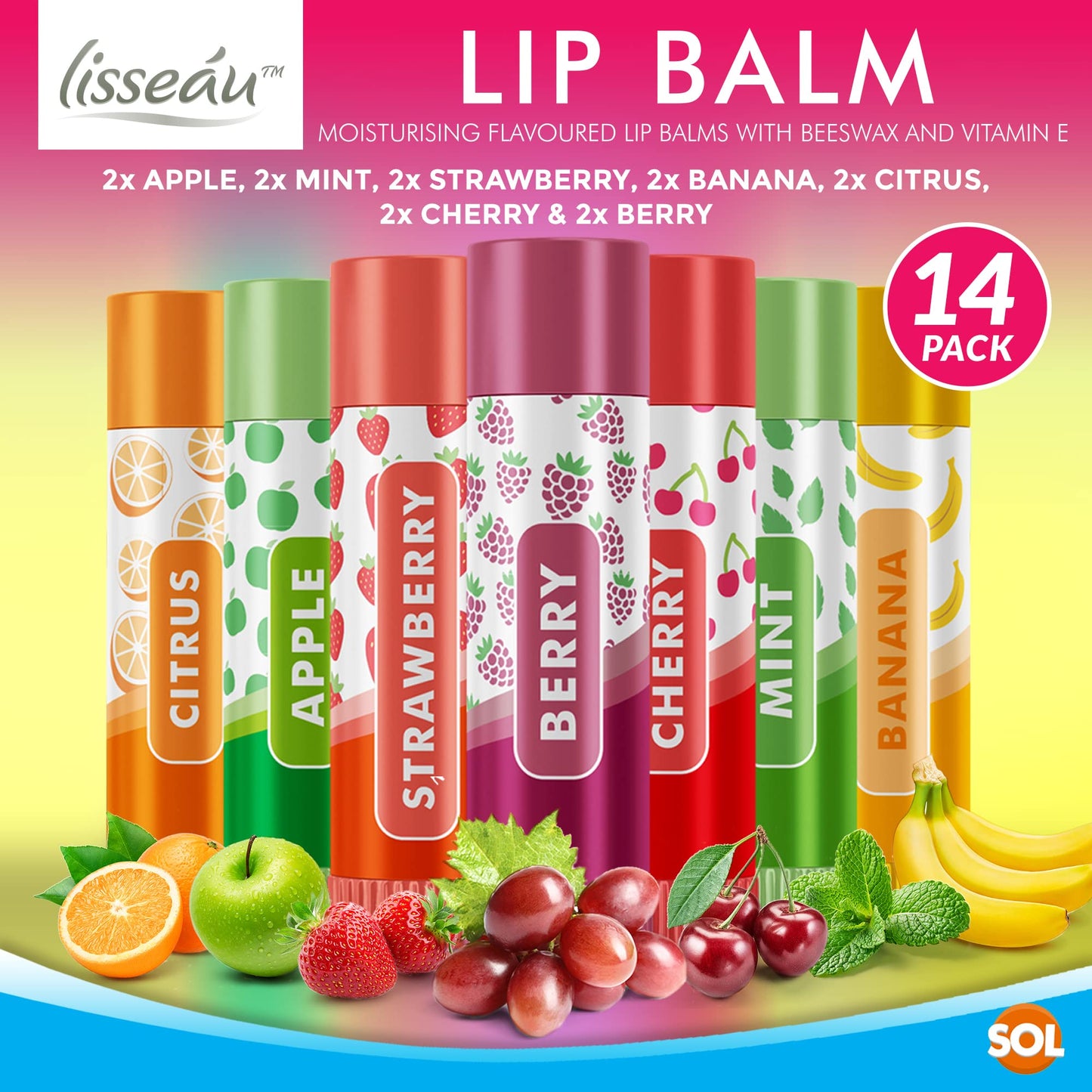 SOL 14pk Lip Balm Set | Flavoured Lip Balms with Beeswax and Vitamin E | Moisturising Lip Balm Multipack | Protect & Hydrate Beeswax Lip Balm Stick | Lip Balms | Lipbalm | Lip Moisturiser | Girls Lip Balm