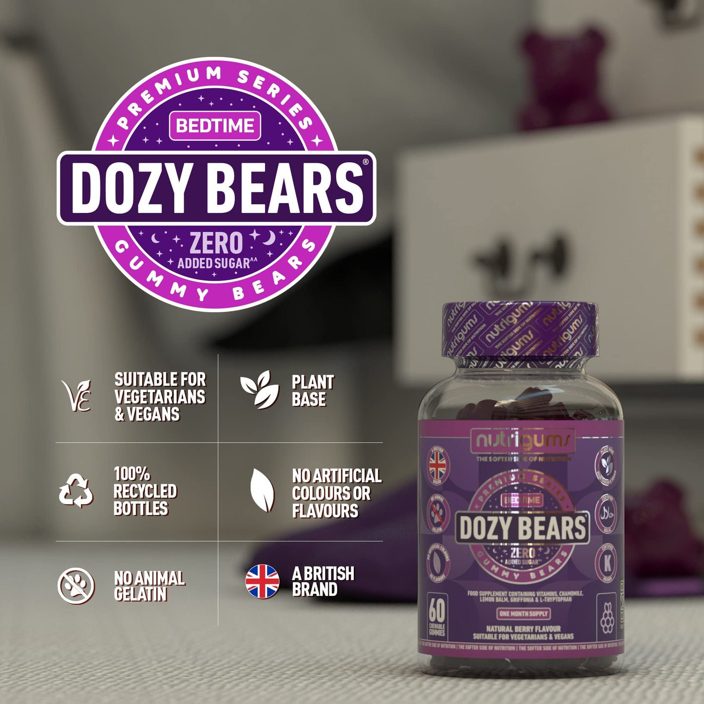 DOZYBEARS® 60 Vegan Gummy Bears. Mixed Berry Flavour with 5-HTP, L-Tryptophan + Vitamins C, B2, B3, B5, B6 B12 with Chamomile and Lemon Balm to Support Rest & Sleep. Adults & Kids 12+ Years