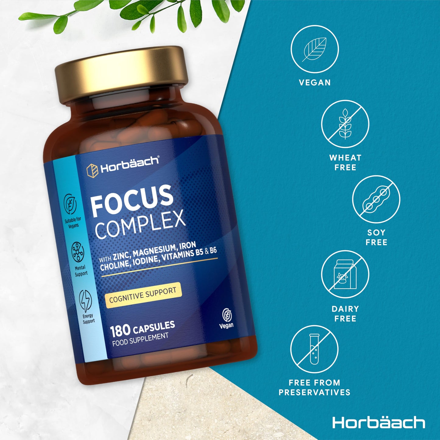 Horbäach Nootropic Brain Supplements | 180 Vegan Capsules | Cognitive Complex Enhancer for Energy, Focus & Mental Performance | by Horbaach