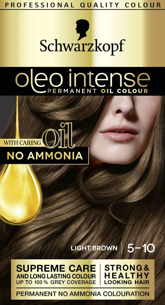 Schwarzkopf Oleo Intense Permanent Brown Hair Dye, Oil Enriched, Ammonia Free, Up to 100 Percent Grey Coverage, Light Brown 5-10