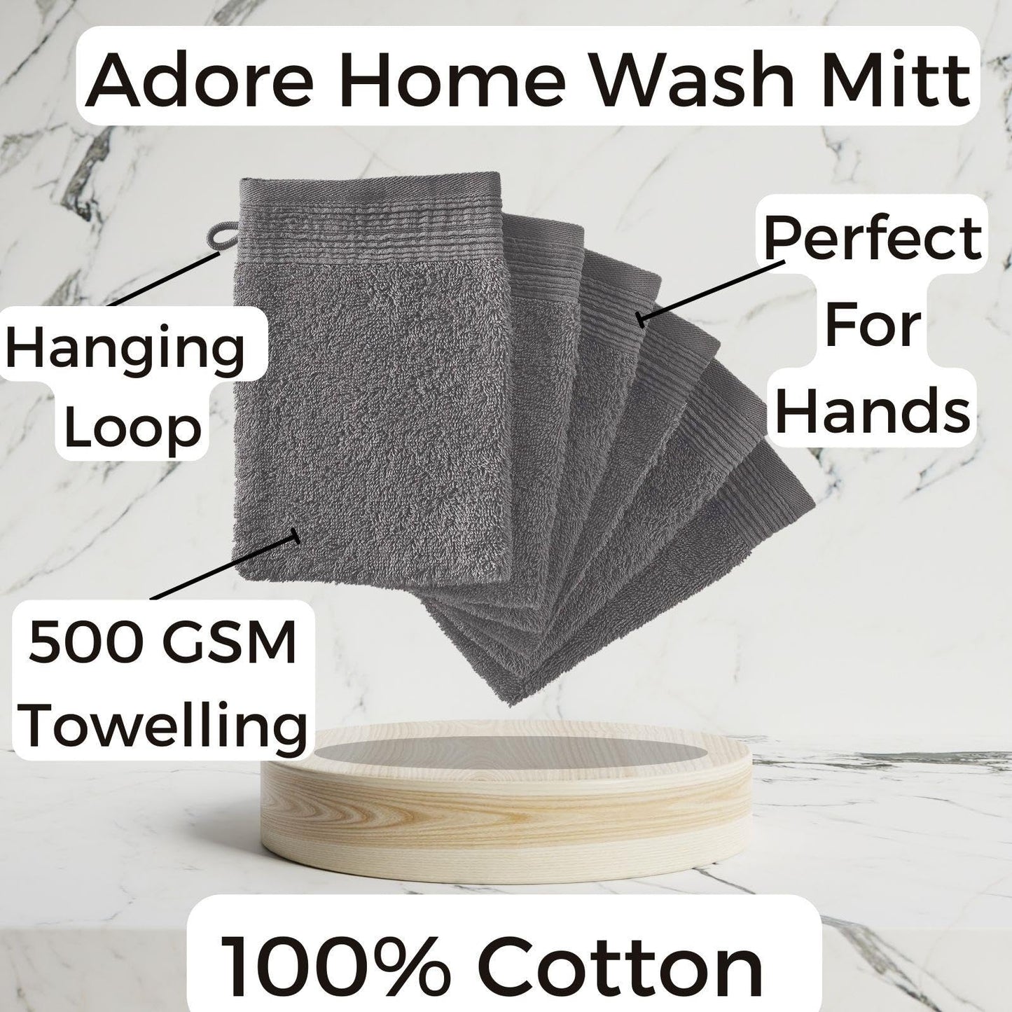 Adore Home 6 x Premium Quality Wash Mitts Absorbent Flannel Glove Face Mitt Body Scrub, Anthracite Grey