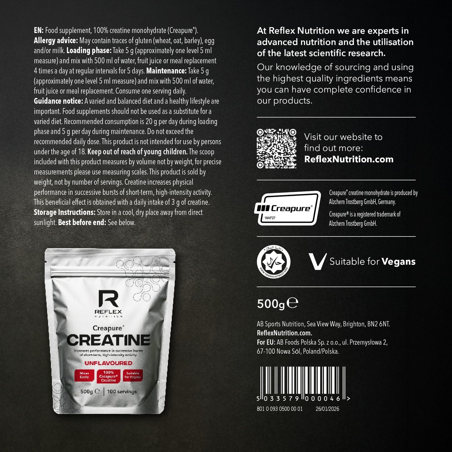 Reflex Nutrition Creapure® Creatine Monohydrate Powder Unflavoured - 100% Creatine for Strength, Muscle Gains & Recovery - No Fillers or Additives - 500g (Vegan Creatine 5g per Serving, 100 Servings)