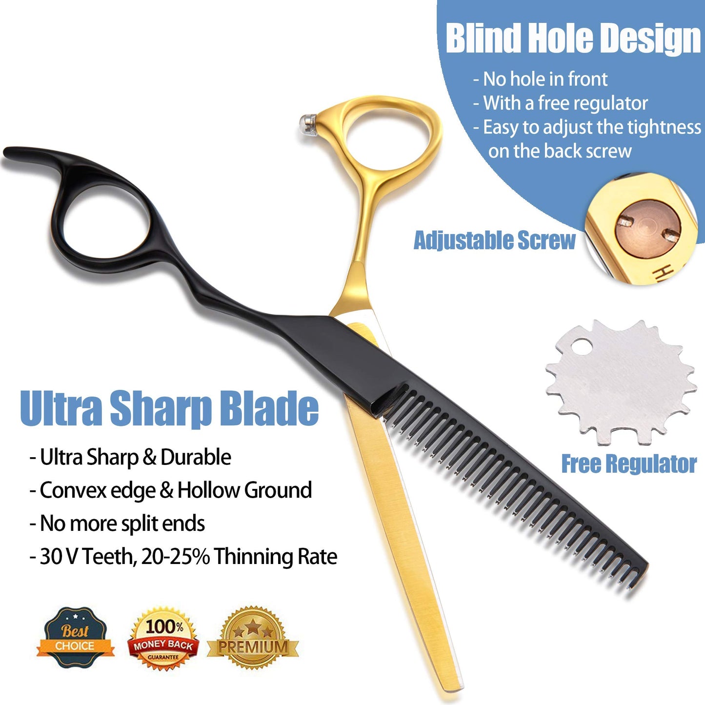 SMITH CHU Hairdressing Scissors Hair Thinning Scissors Blending Texturizng Shears Professional Stylist Hairdresser Haircut Salon Barber Scissors for Man, Women and Kids 6 Inch Black Gold
