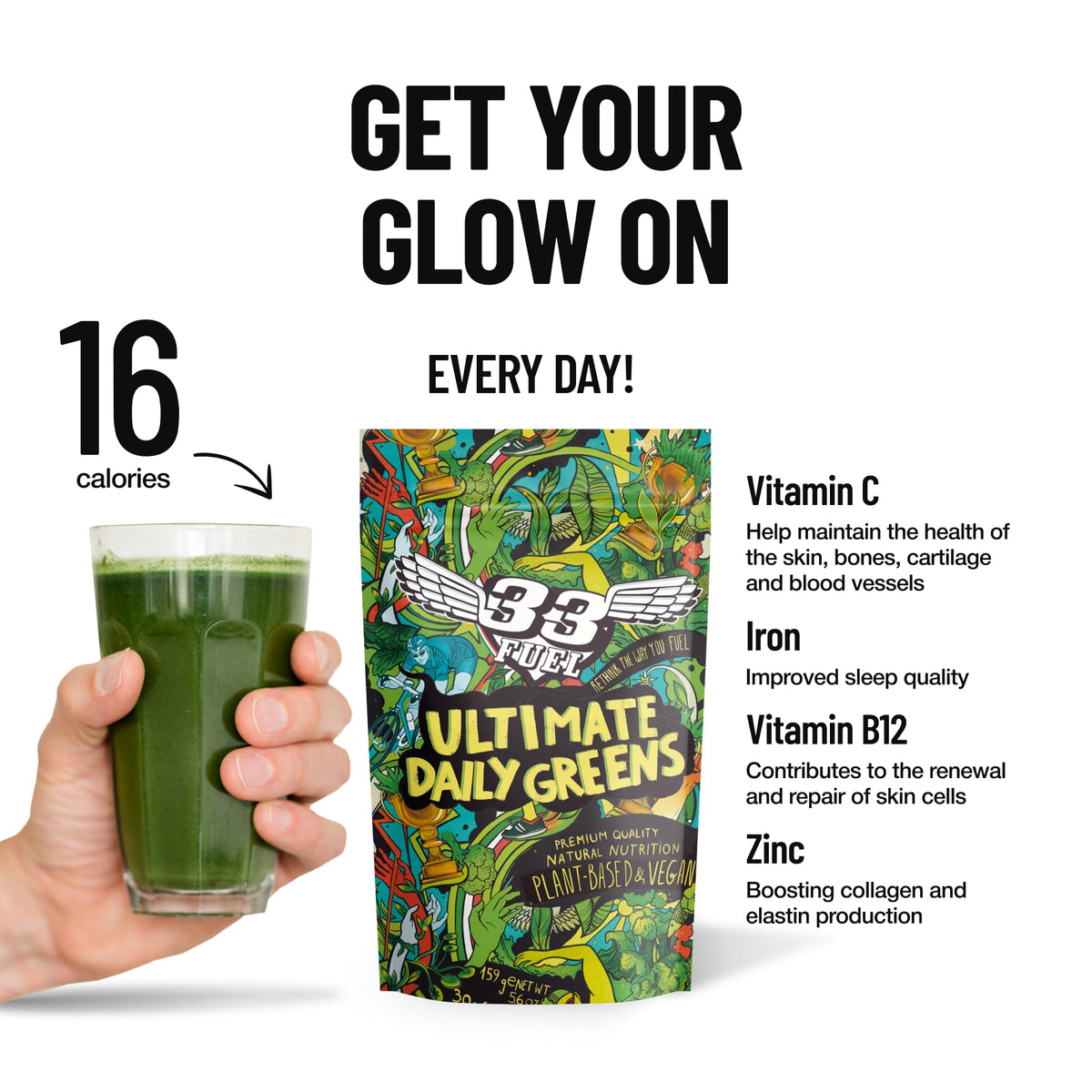 33Fuel Daily Greens Powder - UPF-Free Premium Superfood & Fibre Blend for Gut Health with only Natural Ingredients, Daily Greens Super Blend, Vegan, Handmade in The UK – Original