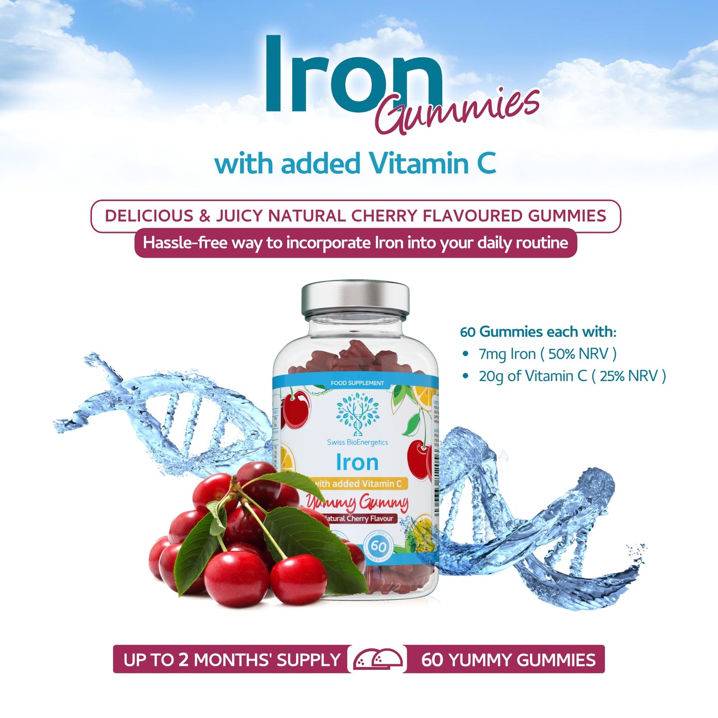 swiss bioenergetics Iron Gummies with Added Vitamin C - 60 Natural Cherry Flavour Chewable Yummy Gummies - 2 Month Supply - efficient Absorption and gentler Digestion Formula - Made in The UK