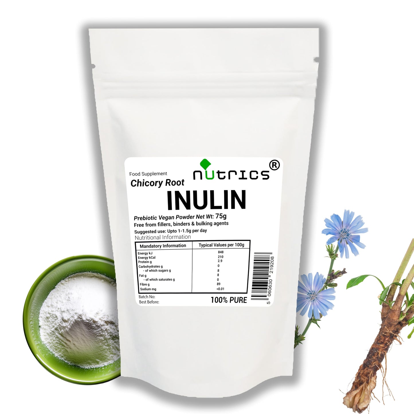 Nutrics® Inulin 75g Prebiotic Powder- Chicory Root Natural Dietary Fibre - Suitable for Vegan Vegetarian Diet 100% Pure - No Additives (75g Inulin Powder)