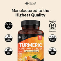 NEW LEAF PRODUCTS Turmeric Tablets 2600mg High Strength with Black Pepper & Ginger (6 Months Supply) Active 95% Turmeric Curcumin Supplements 365 Tablets Not Capsules, Vegan, UK Made by New Leaf