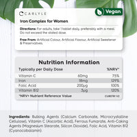 Iron Tablets 18mg | High Strength for Women | with Vitamin B12, Vitamin C and Folic Acid | 100% NRV Iron Complex | 90 Vegan Tablets | by Carlyle
