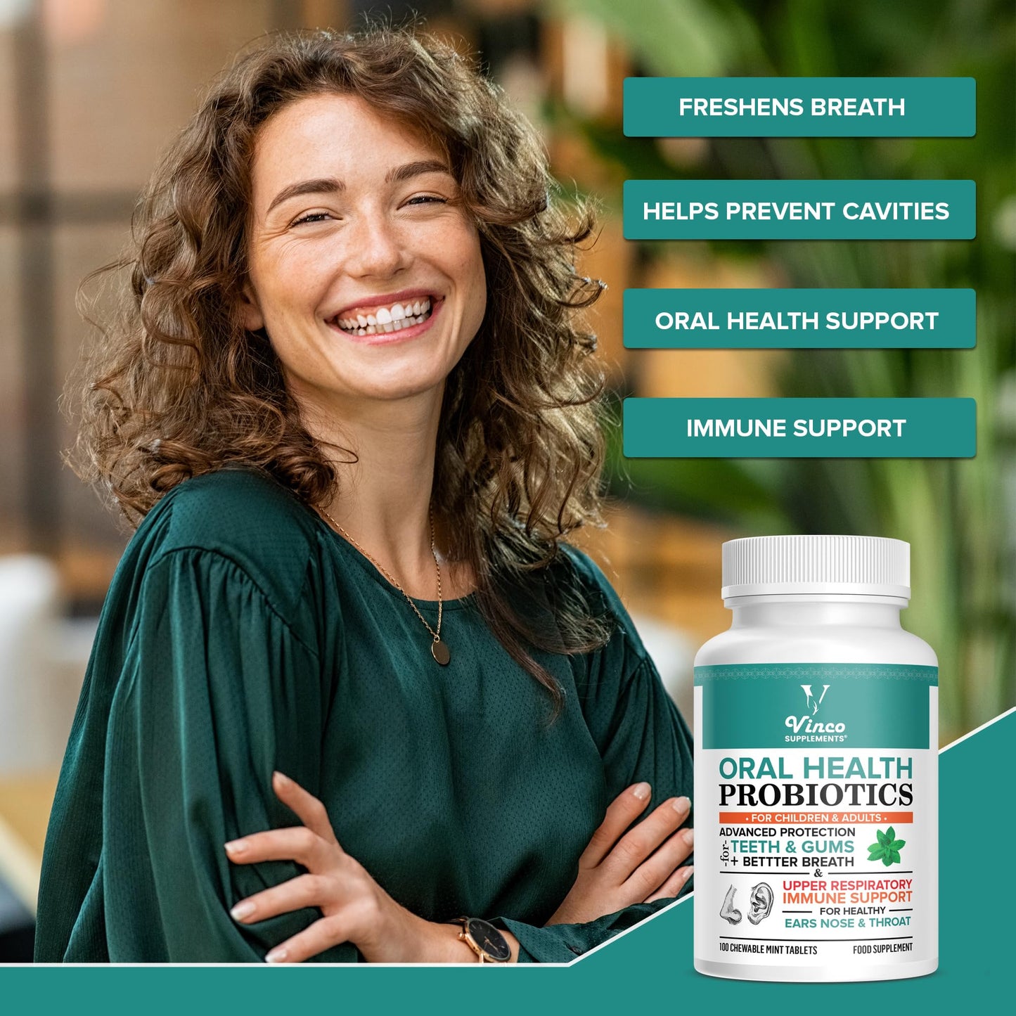 Vinco Advanced Oral Probiotics for Healthy Teeth, Gums, & Fresh Breath - Adults & Kids Immune Support for Ear, Sinus & Throat with BLIS K12 BLIS M18-100 Chewable Tablet - Fresh Mint - Made in The UK