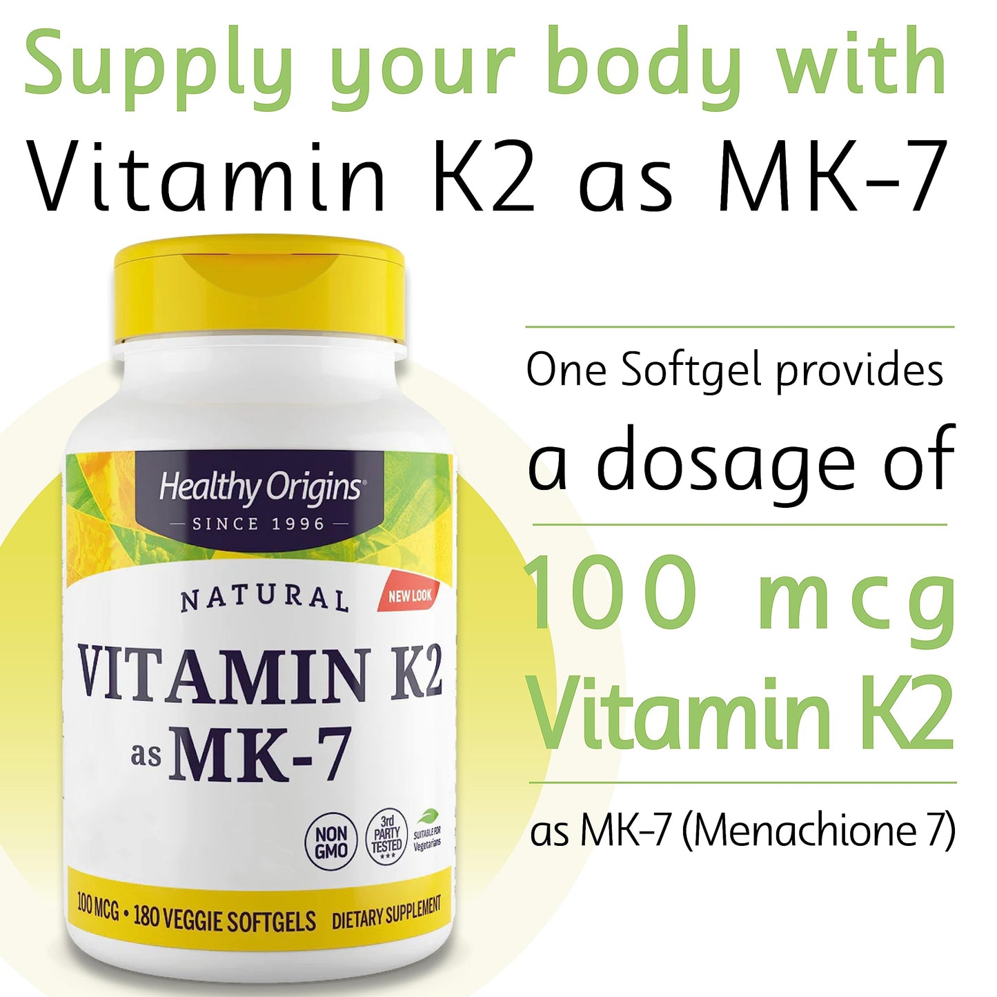 Healthy Origins, Vitamin K2 as MK-7, 100 mcg, 180 Vegetarian Softgels, Laboratory Tested, High Strength, Gluten Free, SOYA Free, Non-GMO