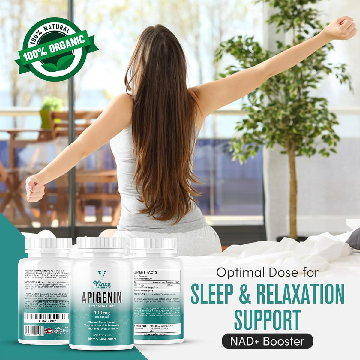 Vinco Supplements Vinco Apigenin 100mg Supplement - 120 Sleep Capsules for Better Relaxation, 99%+ Pure Natural Formula - NAD Booster, Apigenin Sleep Supplements, Natural Sleep Aid for Adults - Made in the UK