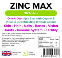 Lindens Zinc Max Tablets - 90 Pack - Provides 300% Nrv Dose, Fortified with Vitamin C & Copper to Contribute Towards Healthy Hair, Skin, Nails, Vision & Hormone Balance - UK Made, Letterbox Friendly
